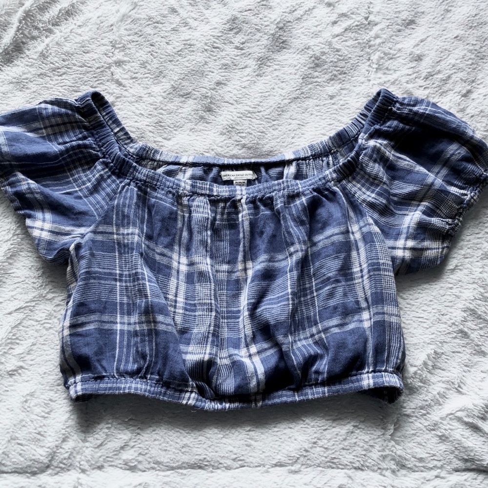 AE White & Blue Plaid Crop Top